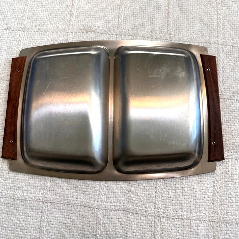 VTG 60s MCM Stainless Steel Divided Serving Tray Wood Handles KH Hong Kong 12.5" - Picture 3 of 9